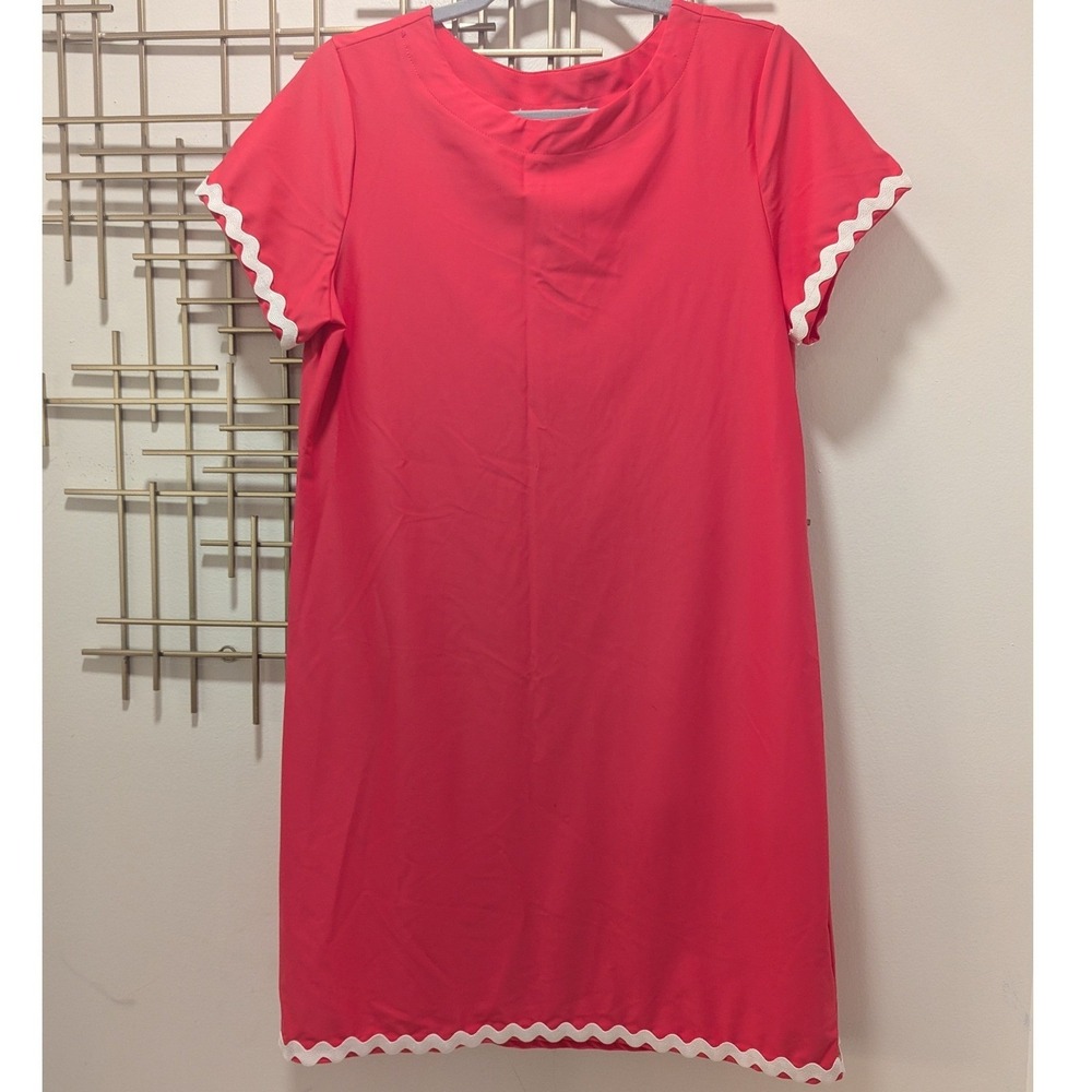 Jude Connally Shift Dress Pink Ric Rac Trim Short Sleeve Sz M Mod Preppy Office